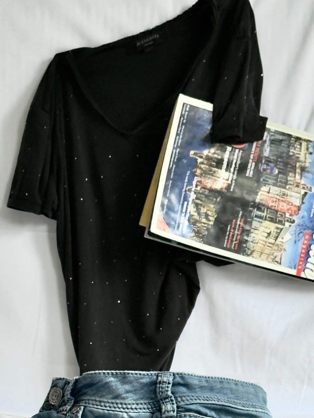 AllSaints Black Rhinestone Scoop Neck Tee | Embellished Minimalist Top